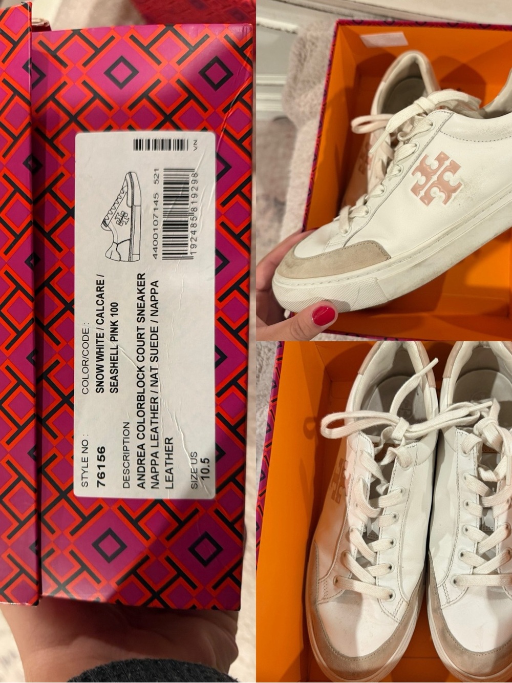 Tory Burch White Sneakers with Shell Pink Logo and Tan Accents
